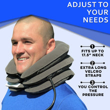 Load image into Gallery viewer, A man with pain in her neck, back, or shoulder, pinched nerves, soreness, cervical neck spasms, herniated discs and tension in need of neck decompression traction device for at home pain therapy.