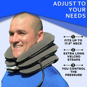 A man with pain in her neck, back, or shoulder, pinched nerves, soreness, cervical neck spasms, herniated discs and tension in need of neck decompression traction device for at home pain therapy.