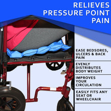 Load image into Gallery viewer, Ergonomically designed air inflatable seat cushion that evenly distributes your weight to provide comfort from pressure point pain can be used while driving, on a plane or train, in a wheelchair, in bed, at the kitchen or dining table and at your computer desk in your home or office.