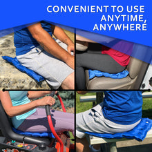 Load image into Gallery viewer, Ergonomically designed air inflatable seat cushion that evenly distributes your weight to provide comfort from pressure point pain can be used while driving, on a plane or train, in a wheelchair, in bed, at the kitchen or dining table and at your computer desk in your home or office.