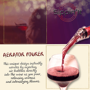 The Sippin’It wine aerator pourer instantly aerates by injecting air bubbles directly into the wine as you pour releasing aromas and intensifying flavor with a drip-free pour.