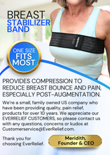 Load image into Gallery viewer, Woman wearing a breast stabilizer band with promotional text about its benefits and features.