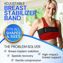 Load image into Gallery viewer, Woman wearing an adjustable breast stabilizer band with promotional text on a white background
