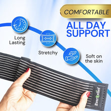 Load image into Gallery viewer, Black support belt with &#39;EverRelief&#39; branding, held by a hand, on a light blue background with text about comfort and support.