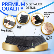 Load image into Gallery viewer, Black compression bandage with features highlighted on a white background