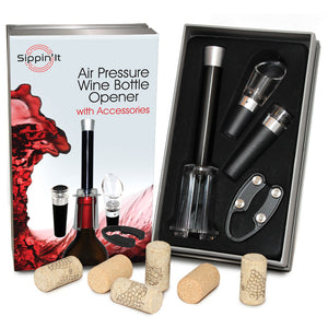 The Sippin’It 4 Piece wine opener set including an foil cutter, air pressure wine bottle opener, wine aerator pourer and wine vacuum sealer all in a high quality gift set.