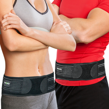 Load image into Gallery viewer, Woman and man wearing an SI Joint Belt to prevent excessive movement by stabilizing and compressing the hips and pelvic area to reduce nerve inflammation and sciatica pain.