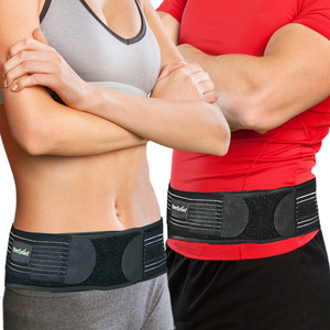 Woman and man wearing an SI Joint Belt to prevent excessive movement by stabilizing and compressing the hips and pelvic area to reduce nerve inflammation and sciatica pain.