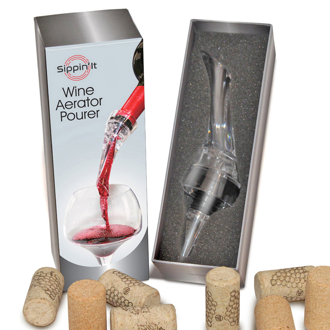 The Sippin’It wine aerator pourer instantly aerates by injecting air bubbles directly into the wine as you pour releasing aromas and intensifying flavor with a drip-free pour.