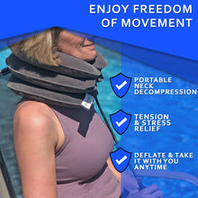 Load image into Gallery viewer, A woman with pain in her neck, back, or shoulder, pinched nerves, soreness, cervical neck spasms, herniated discs and tension in need of neck decompression traction device for at home pain therapy.