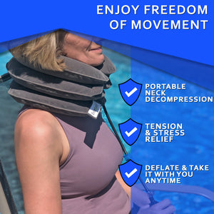 A woman with pain in her neck, back, or shoulder, pinched nerves, soreness, cervical neck spasms, herniated discs and tension in need of neck decompression traction device for at home pain therapy.