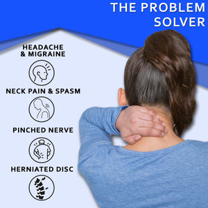 A woman with pain in her neck, back, or shoulder, pinched nerves, soreness, cervical neck spasms, herniated discs and tension in need of neck decompression traction device for at home pain therapy.