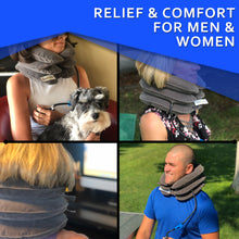 Load image into Gallery viewer, A woman with pain in her neck, back, or shoulder, pinched nerves, soreness, cervical neck spasms, herniated discs and tension in need of neck decompression traction device for at home pain therapy.