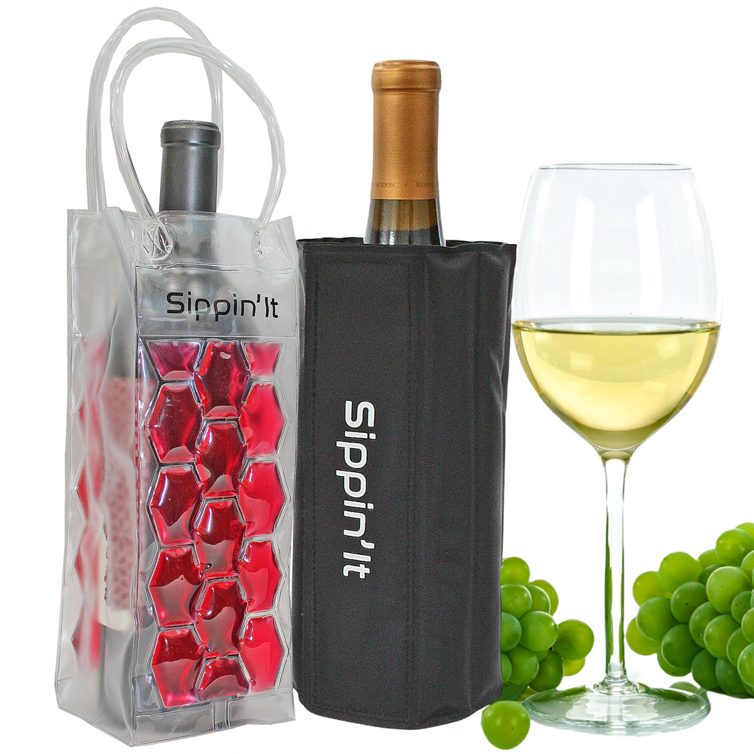 Freezable Wine Chillers by Sippin'It - 2 Piece Wine Party Pack - Wine Cooler Sleeve and Portable Wine Chiller Travel Bag - Keep Chilled Wine Cold - Reusable for Picnics, BBQ's, Camping or Boating.