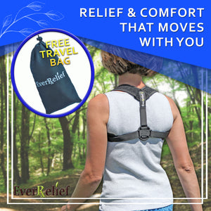 A women using a posture corrector because of fatigue, collarbone, neck back or shoulder pain needing to prevent slouching and hunching