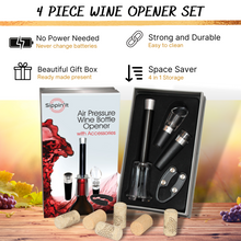 Load image into Gallery viewer, The Sippin’It 4 Piece wine opener set including an foil cutter, air pressure wine bottle opener, wine aerator pourer and wine vacuum sealer all in a high quality gift set.