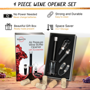 The Sippin’It 4 Piece wine opener set including an foil cutter, air pressure wine bottle opener, wine aerator pourer and wine vacuum sealer all in a high quality gift set.