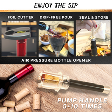 Load image into Gallery viewer, The Sippin’It 4 Piece wine opener set including an foil cutter, air pressure wine bottle opener, wine aerator pourer and wine vacuum sealer all in a high quality gift set.